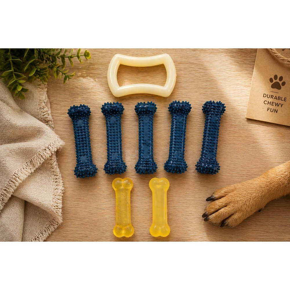 Nylabone Dog Chew Toy Bundle Blue Textured Bones Yellow Bones and White Ring 8pc